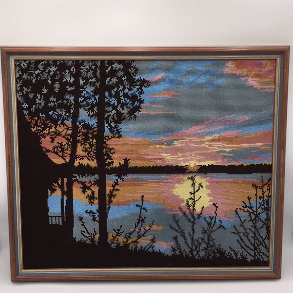 Needlepoint Sunset Cottage Waterfront Landscape Scene Trees Framed Art 26" x 22" - Picture 1 of 11